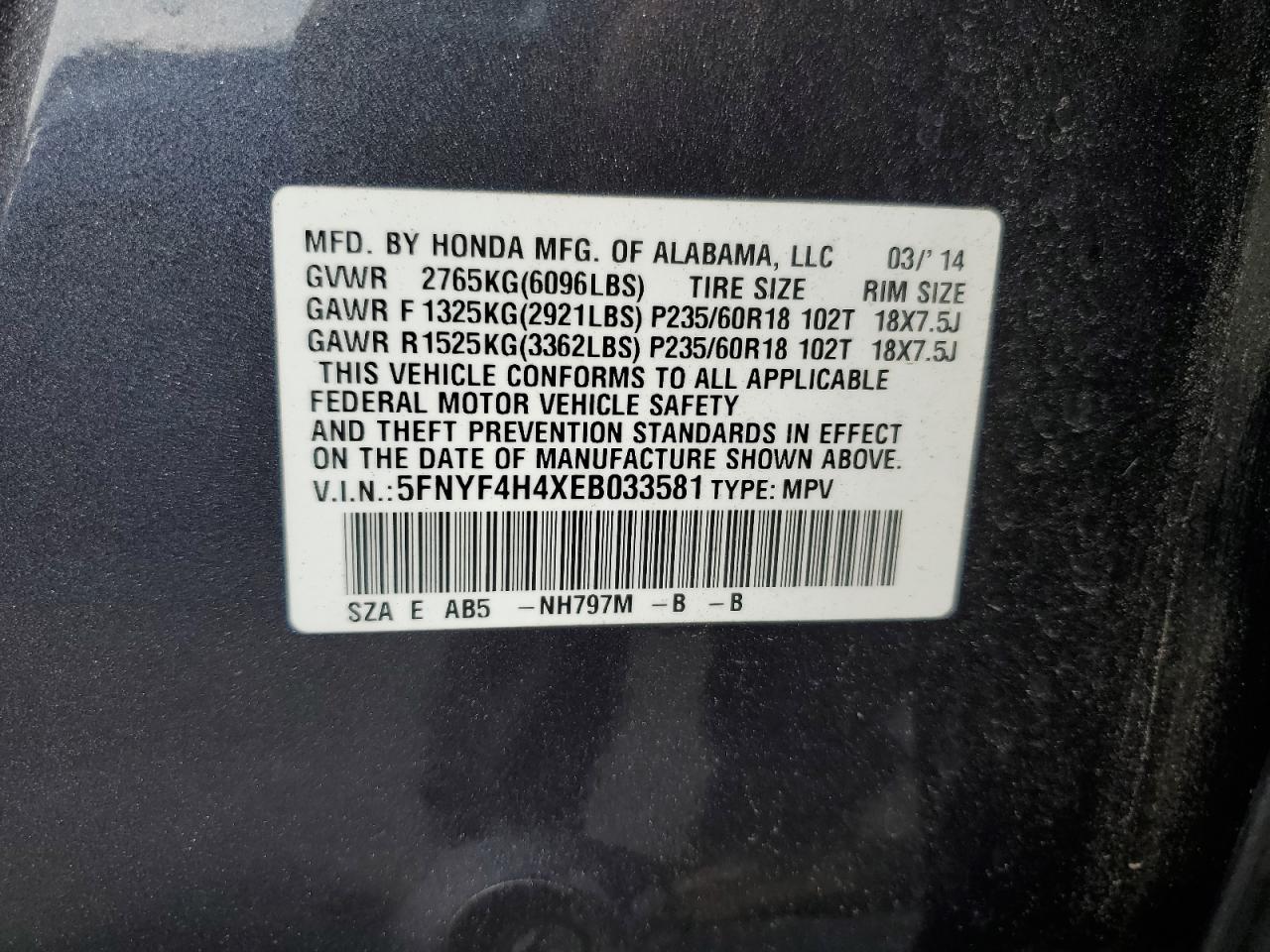 2014 Honda Pilot Ex VIN: 5FNYF4H4XEB033581 Lot: 81267675
