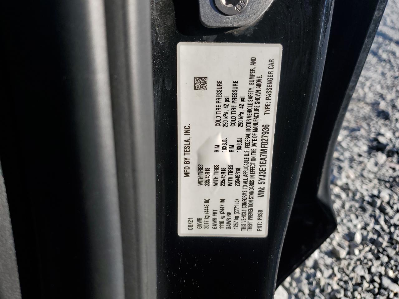 2021 Tesla Model 3 VIN: 5YJ3E1EA7MF027936 Lot: 80484265