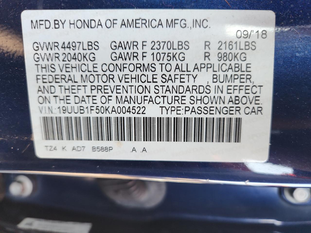 2019 Acura Tlx Technology VIN: 19UUB1F50KA004522 Lot: 80091035