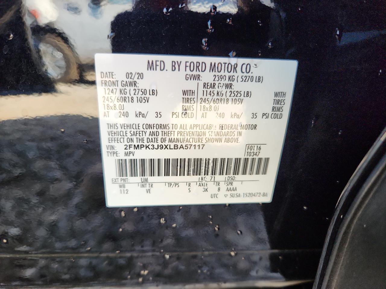 2020 Ford Edge Sel VIN: 2FMPK3J9XLBA57117 Lot: 81327965