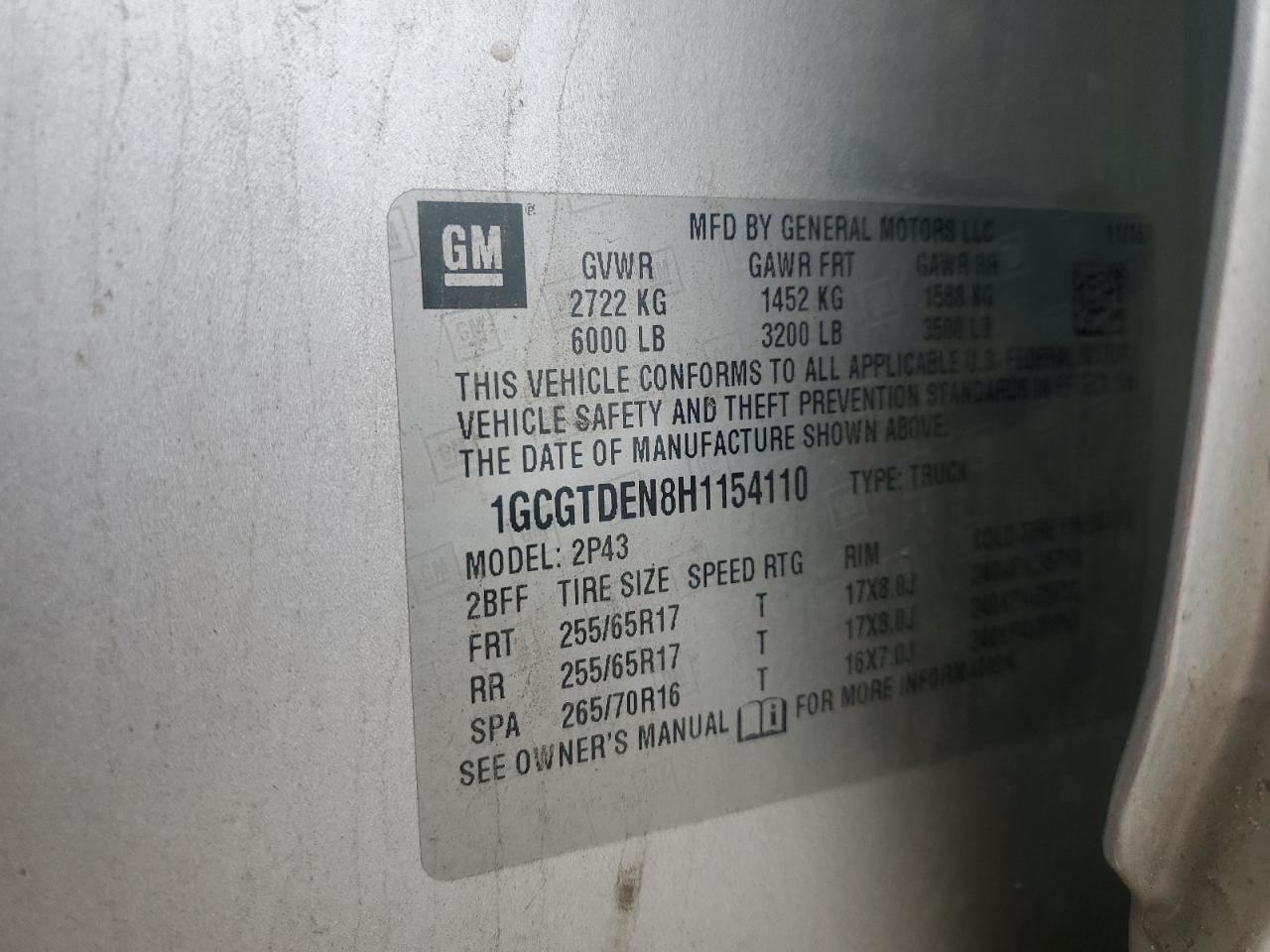 2017 Chevrolet Colorado Z71 VIN: 1GCGTDEN8H1154110 Lot: 81875995