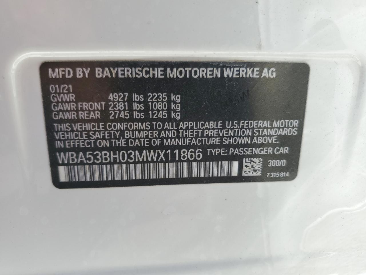 2021 BMW 530 I VIN: WBA53BH03MWX11866 Lot: 80400425
