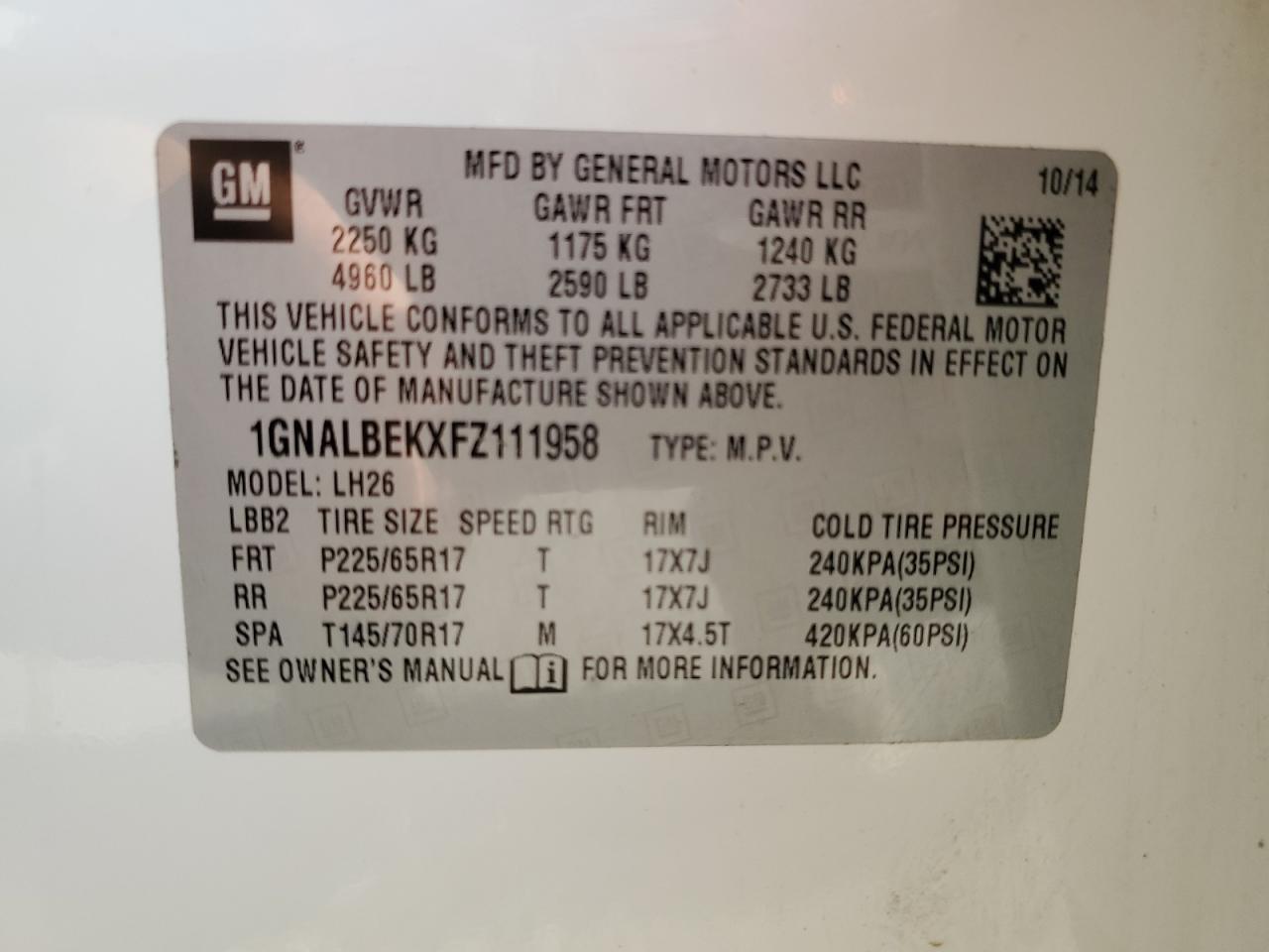 2015 Chevrolet Equinox Lt VIN: 1GNALBEKXFZ111958 Lot: 81568185