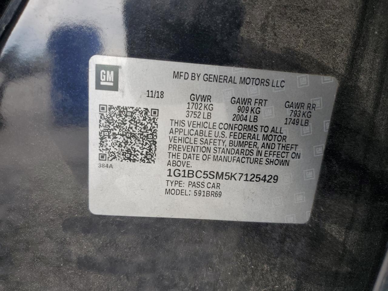 2019 Chevrolet Cruze Ls VIN: 1G1BC5SM5K7125429 Lot: 82071315