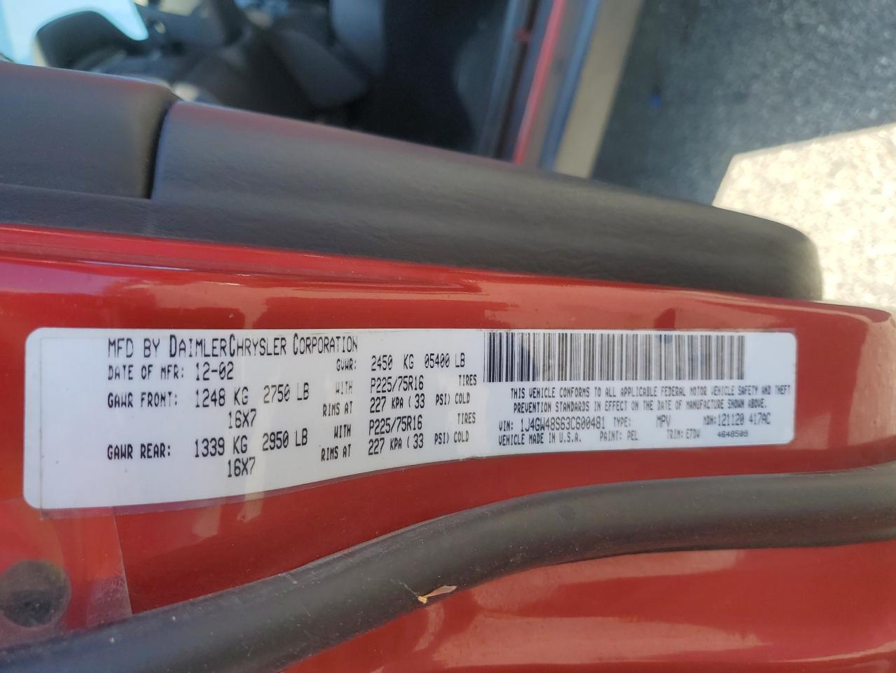 2003 Jeep Grand Cherokee Laredo VIN: 1J4GW48S63C600481 Lot: 71655985