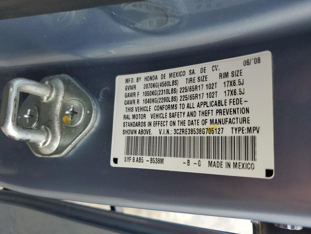 2008 Honda Cr-V Ex VIN: 3CZRE38538G705127 Lot: 81861685