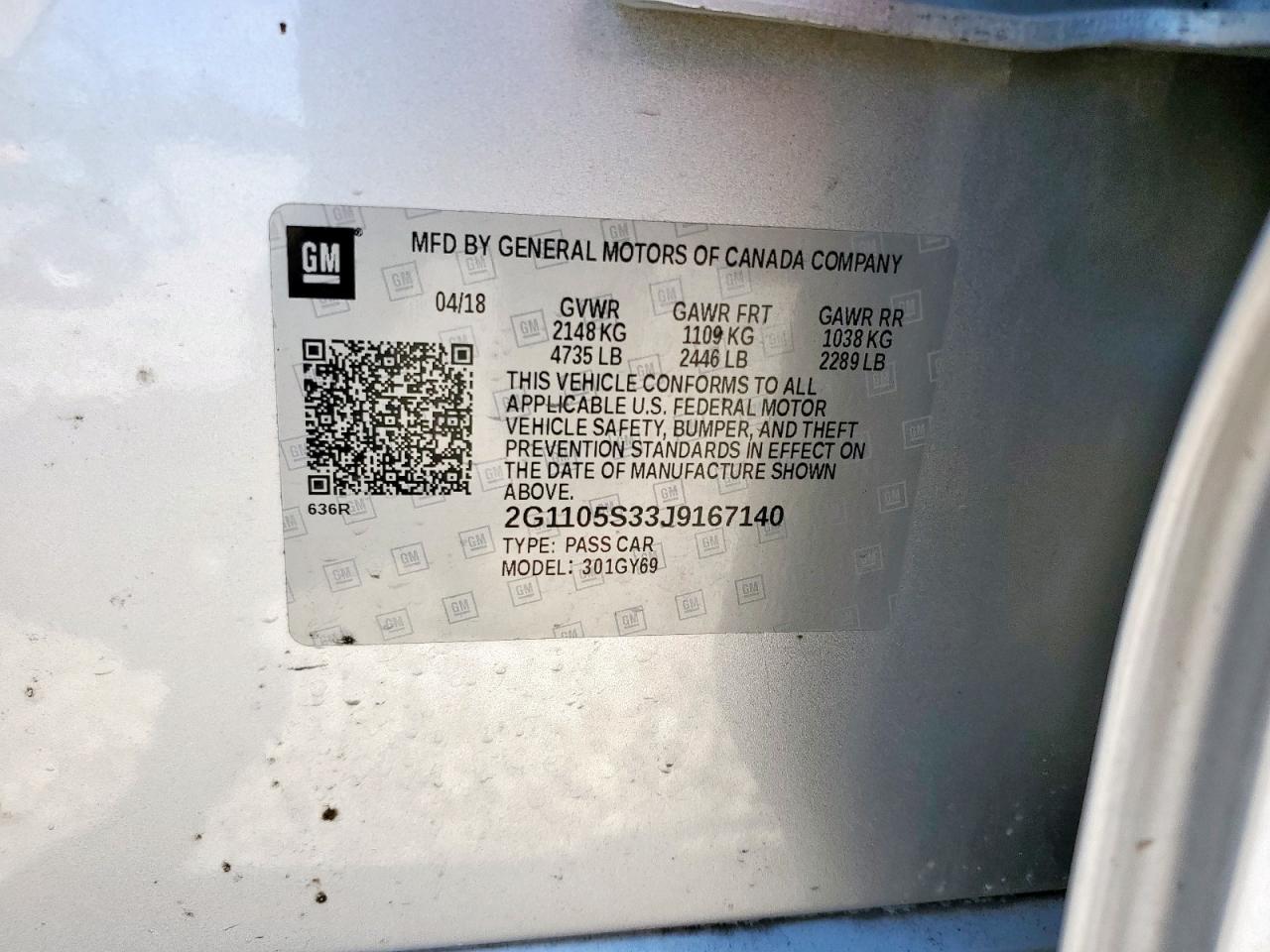 2018 Chevrolet Impala Lt VIN: 2G1105S33J9167140 Lot: 80498975