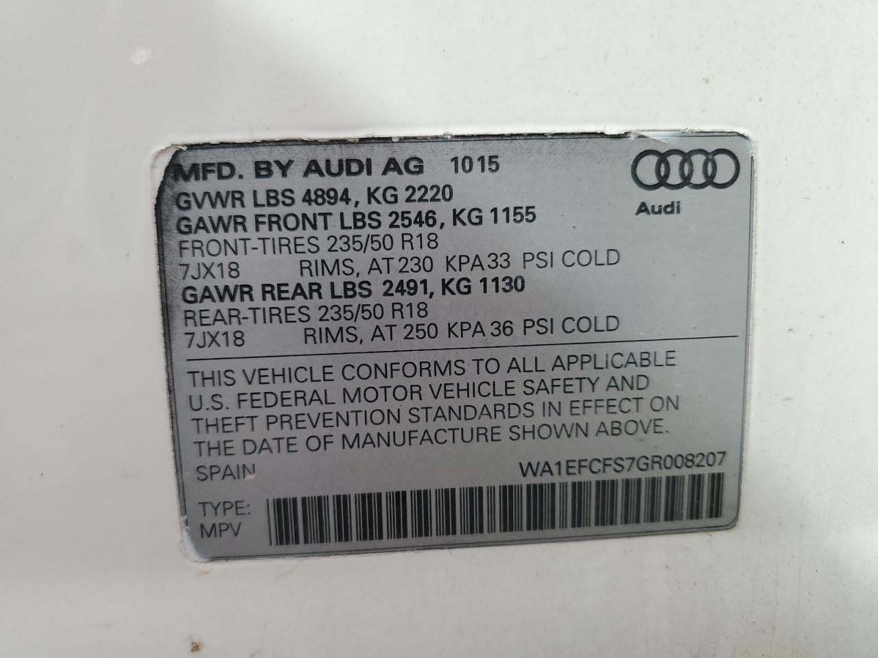 2016 Audi Q3 Premium Plus VIN: WA1EFCFS7GR008207 Lot: 81497775