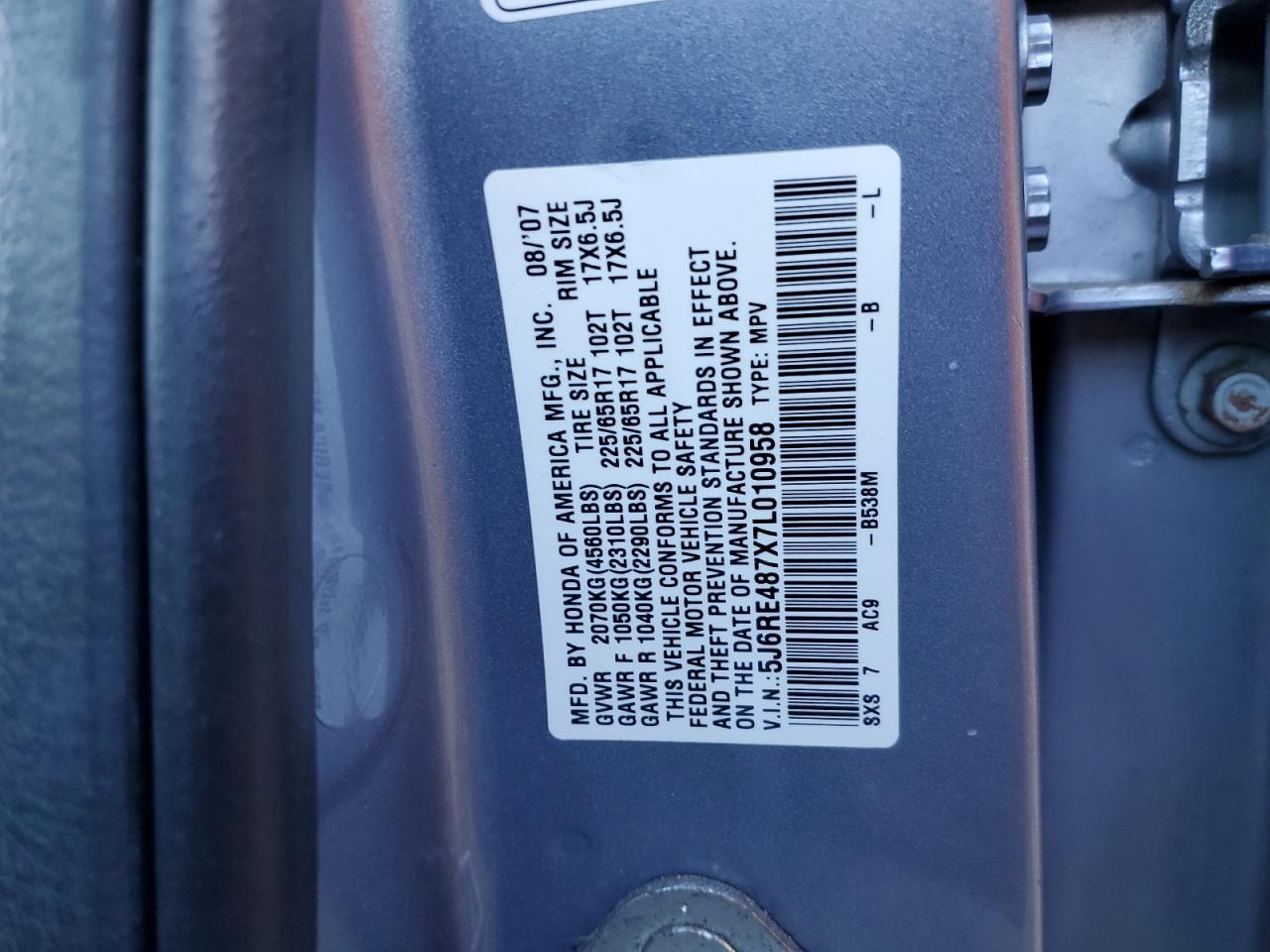 2007 Honda Cr-V Exl VIN: 5J6RE487X7L010958 Lot: 84259165