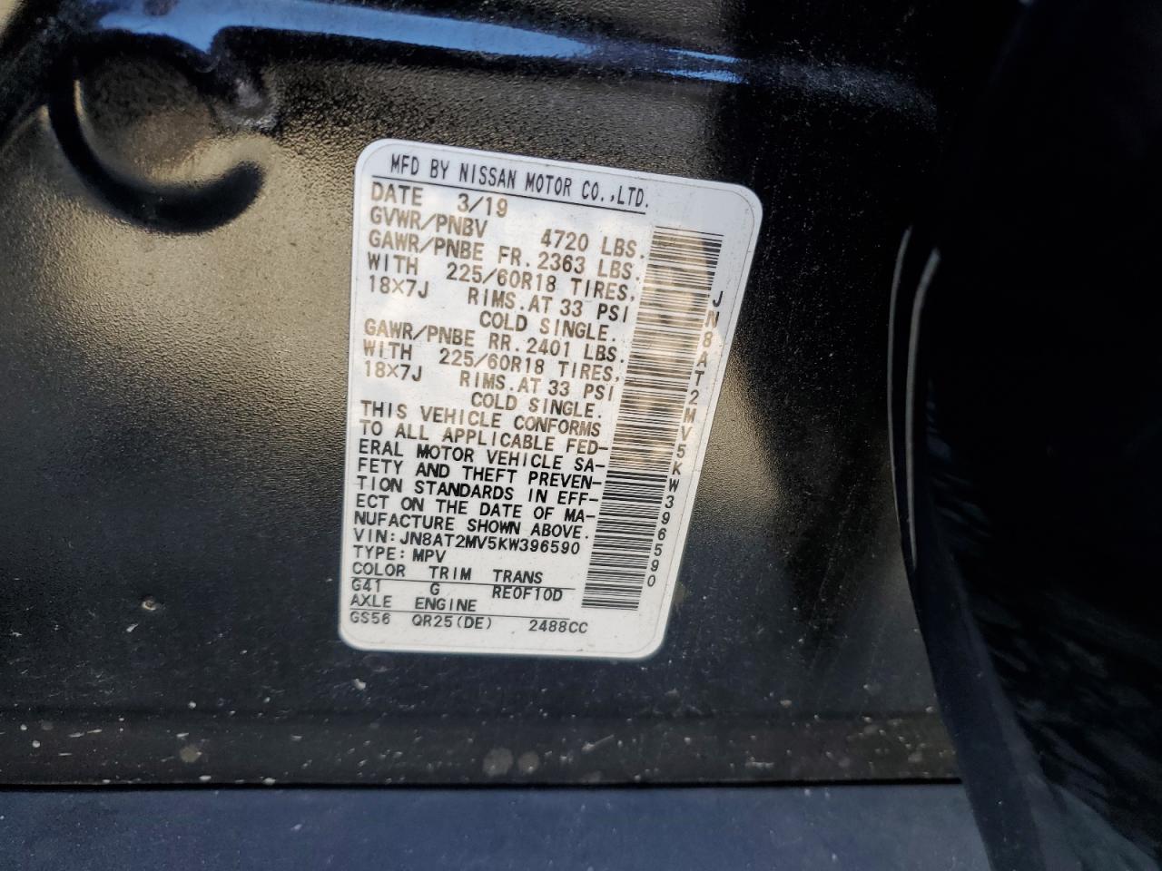 2019 Nissan Rogue S VIN: JN8AT2MV5KW396590 Lot: 70846935