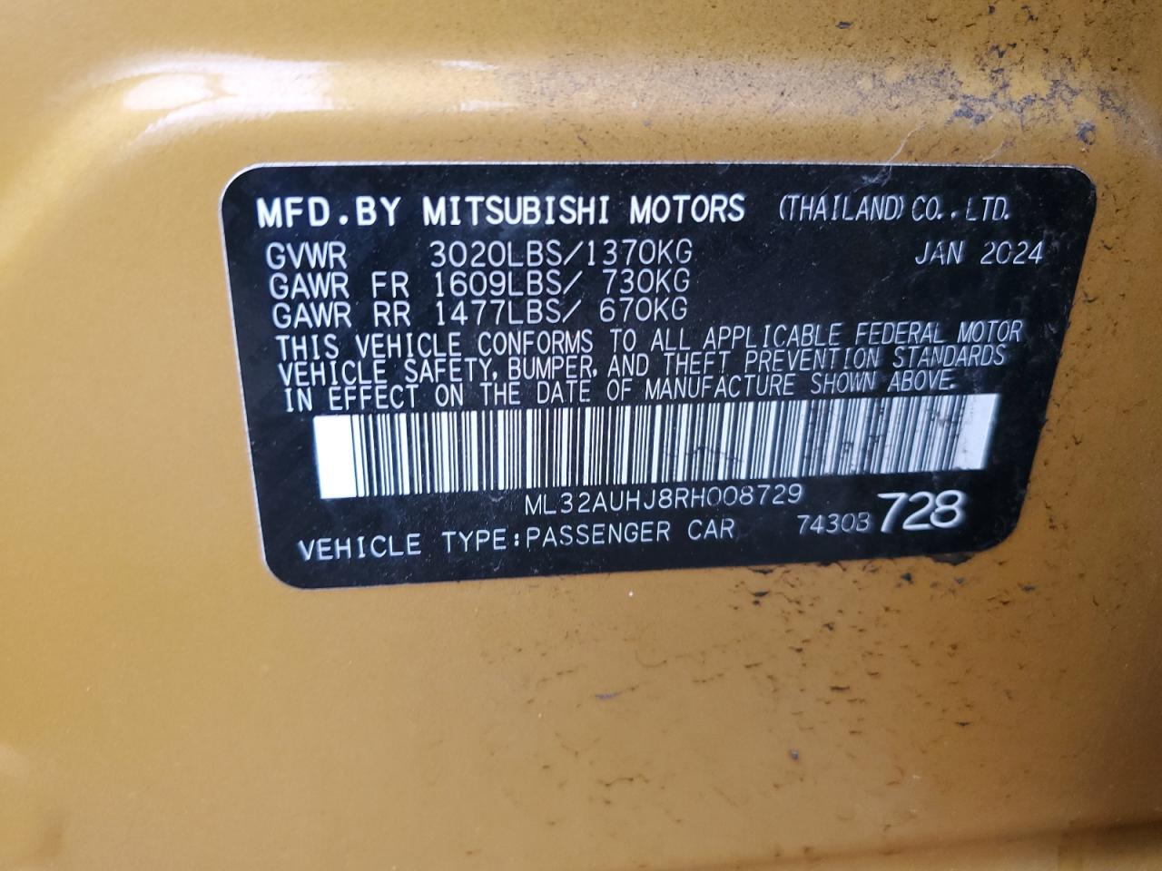 2024 Mitsubishi Mirage Es VIN: ML32AUHJ8RH008729 Lot: 81450395