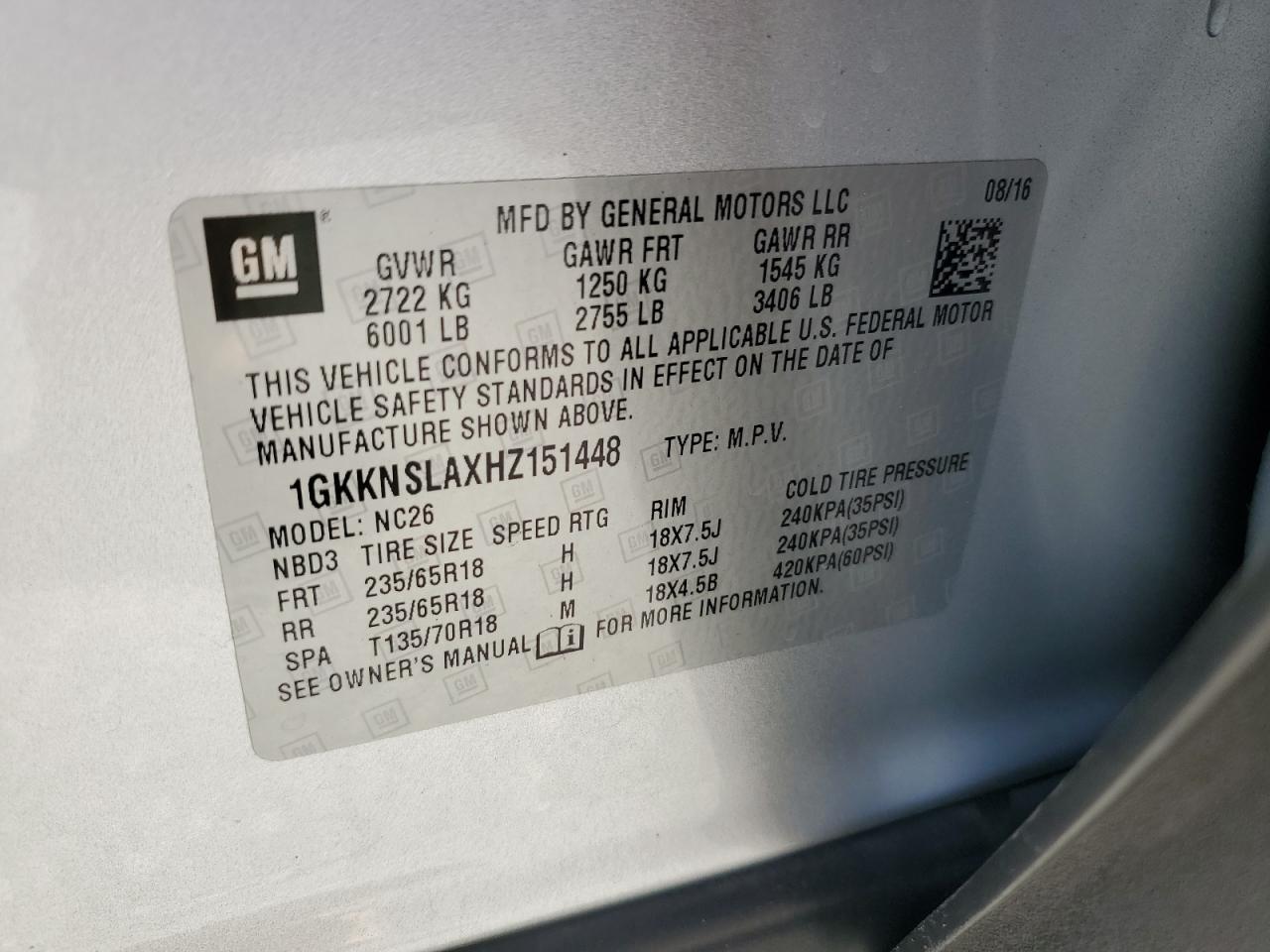 2017 GMC Acadia Sle VIN: 1GKKNSLAXHZ151448 Lot: 69634315