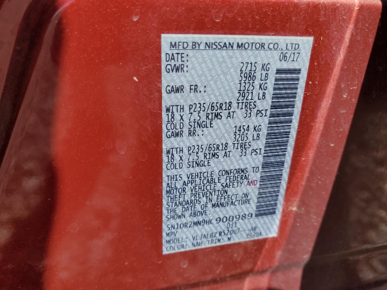 2017 Nissan Pathfinder S VIN: 5N1DR2MN9HC900989 Lot: 84254515