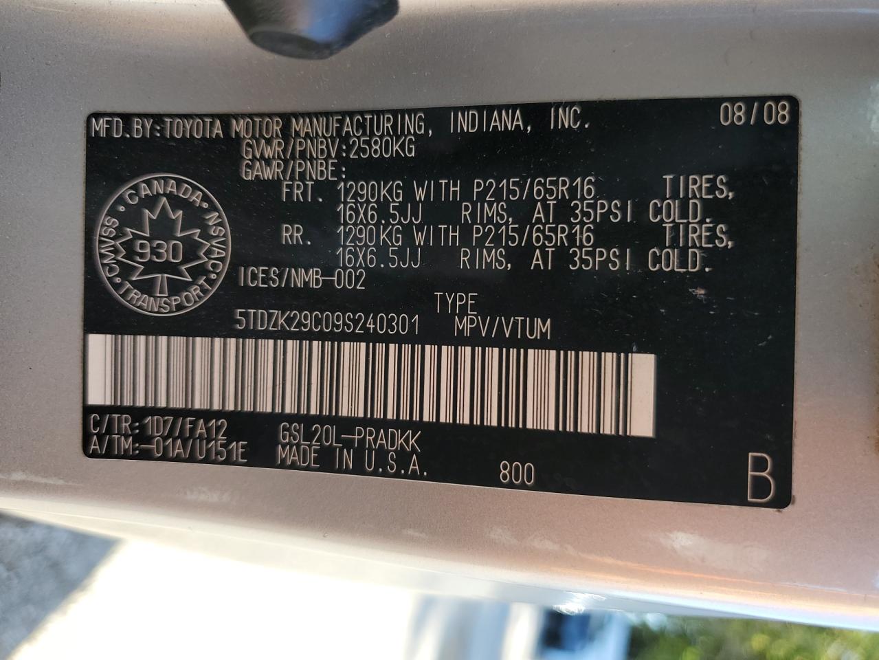 2009 Toyota Sienna Ce VIN: 5TDZK29C09S240301 Lot: 84235885