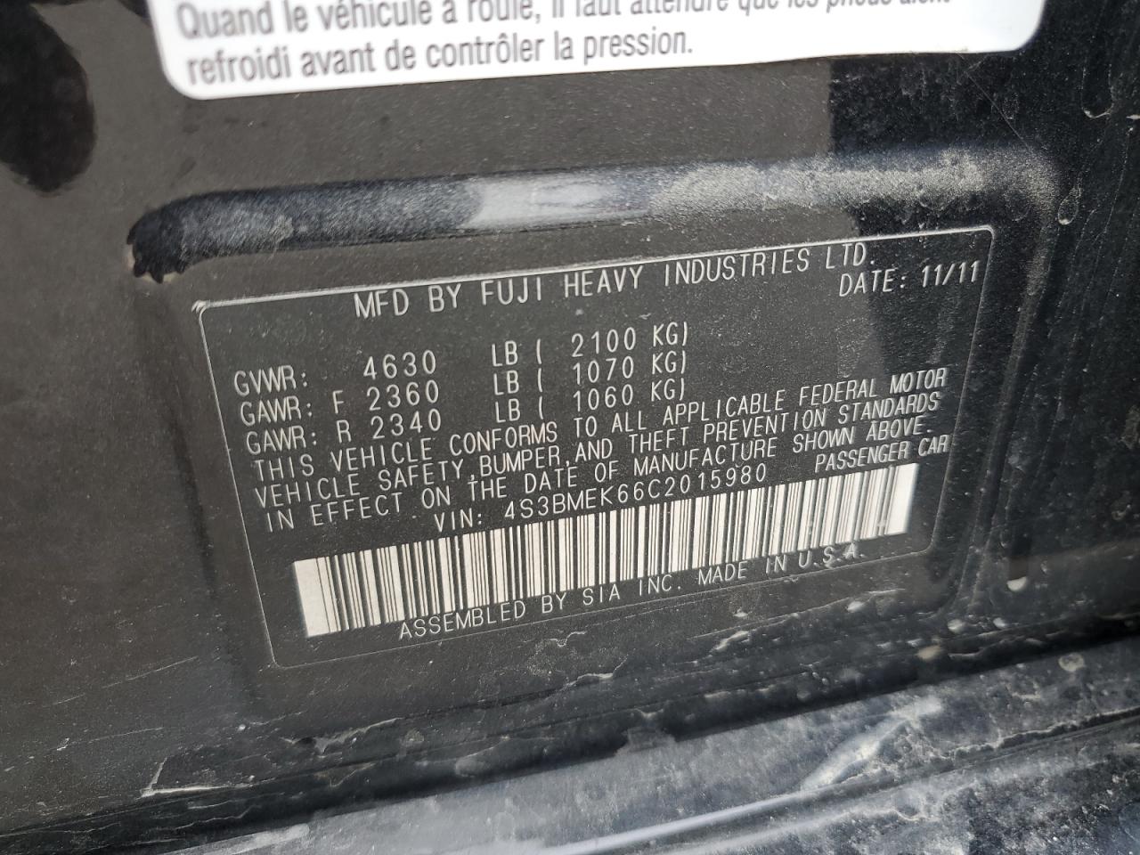 2012 Subaru Legacy 3.6R Limited VIN: 4S3BMEK66C2015980 Lot: 71928495