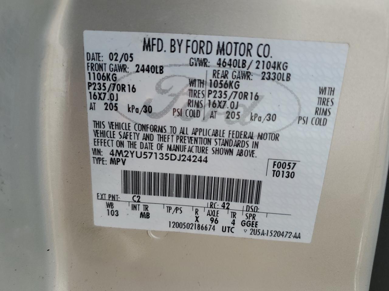 2005 Mercury Mariner VIN: 4M2YU57135DJ24244 Lot: 71860005