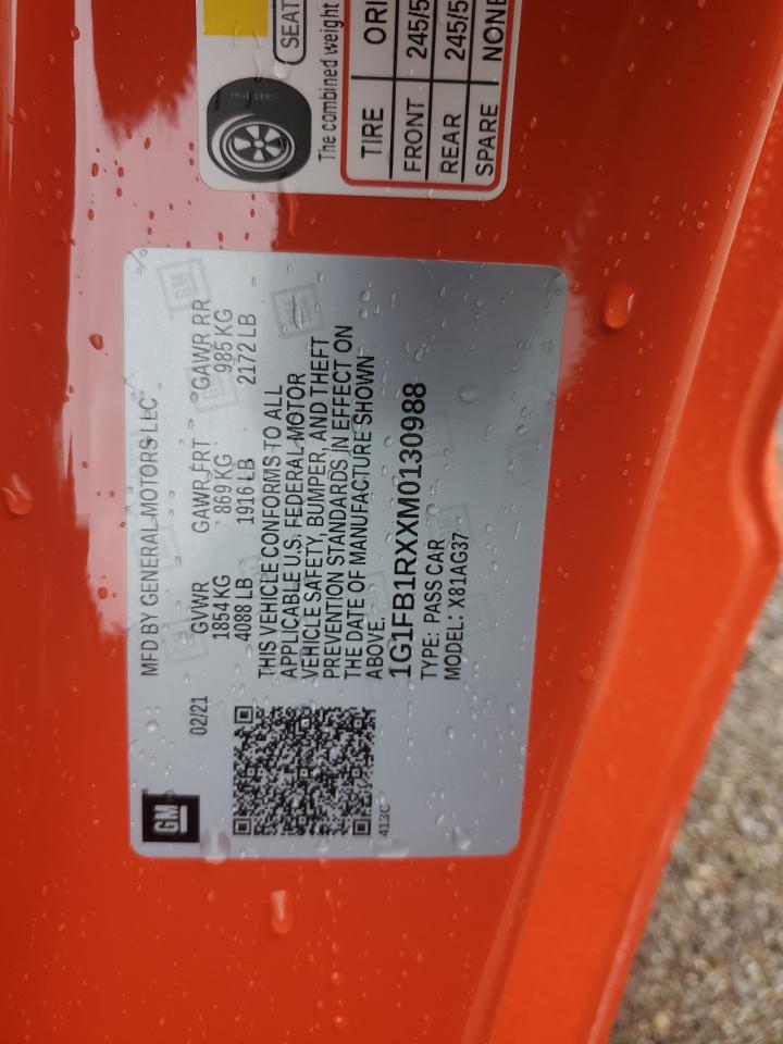 2021 Chevrolet Camaro Ls VIN: 1G1FB1RXXM0130988 Lot: 81834555