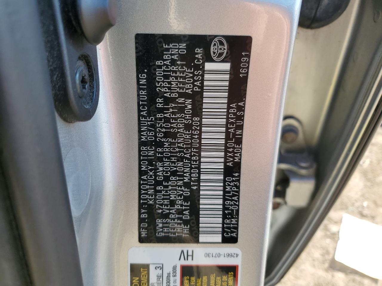 2015 Toyota Avalon Hybrid VIN: 4T1BD1EB7FU046208 Lot: 71923955