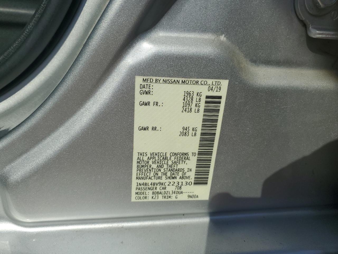 2019 Nissan Altima S VIN: 1N4BL4BV9KC223130 Lot: 83978765