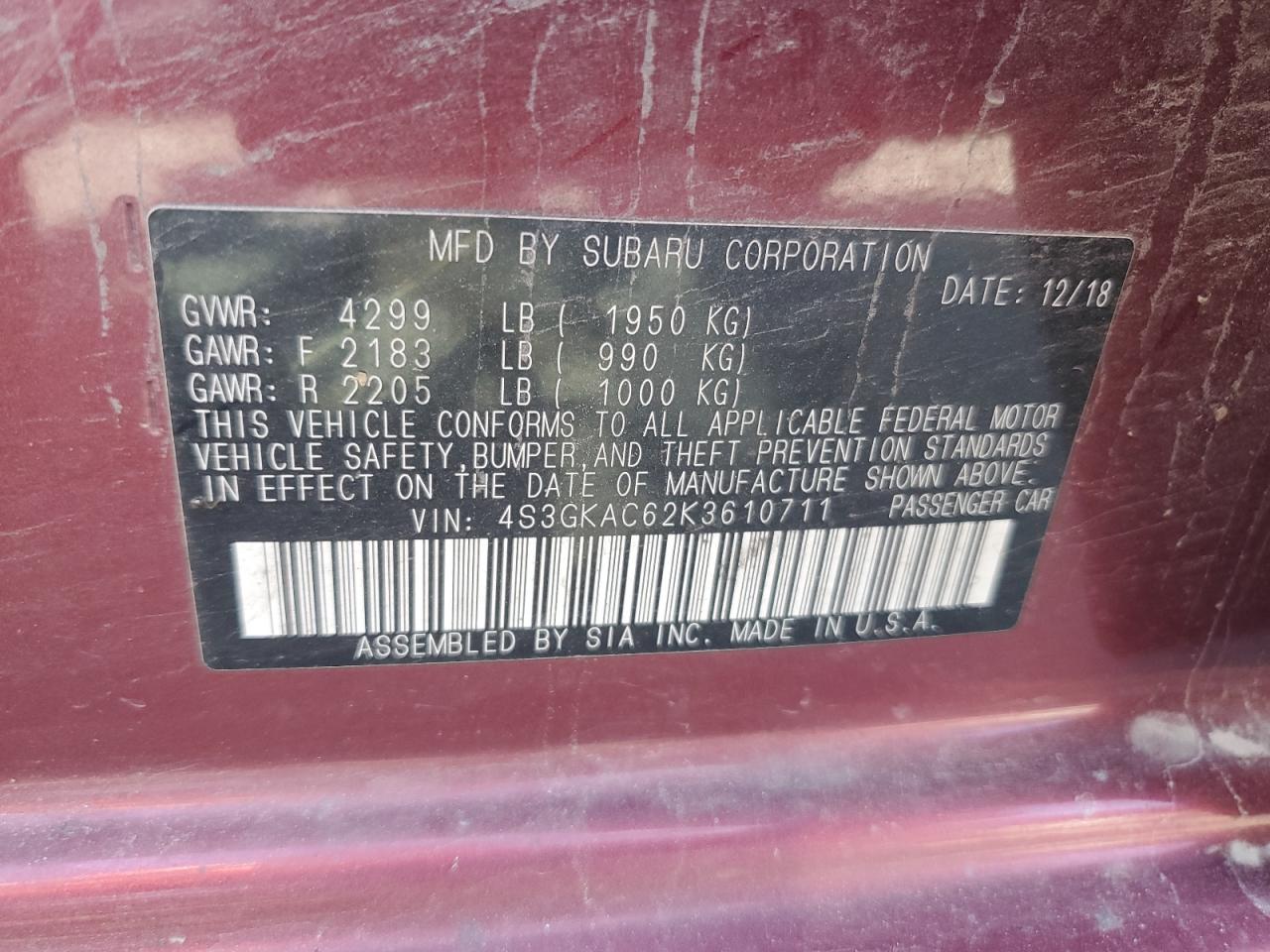 2019 Subaru Impreza Premium VIN: 4S3GKAC62K3610711 Lot: 71592635