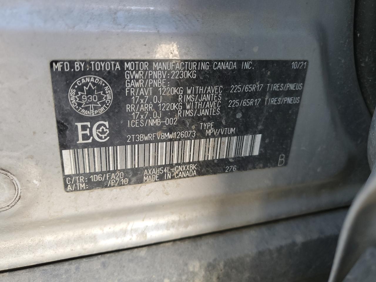 2021 Toyota Rav4 Le VIN: 2T3BWRFV8MW126073 Lot: 83813975