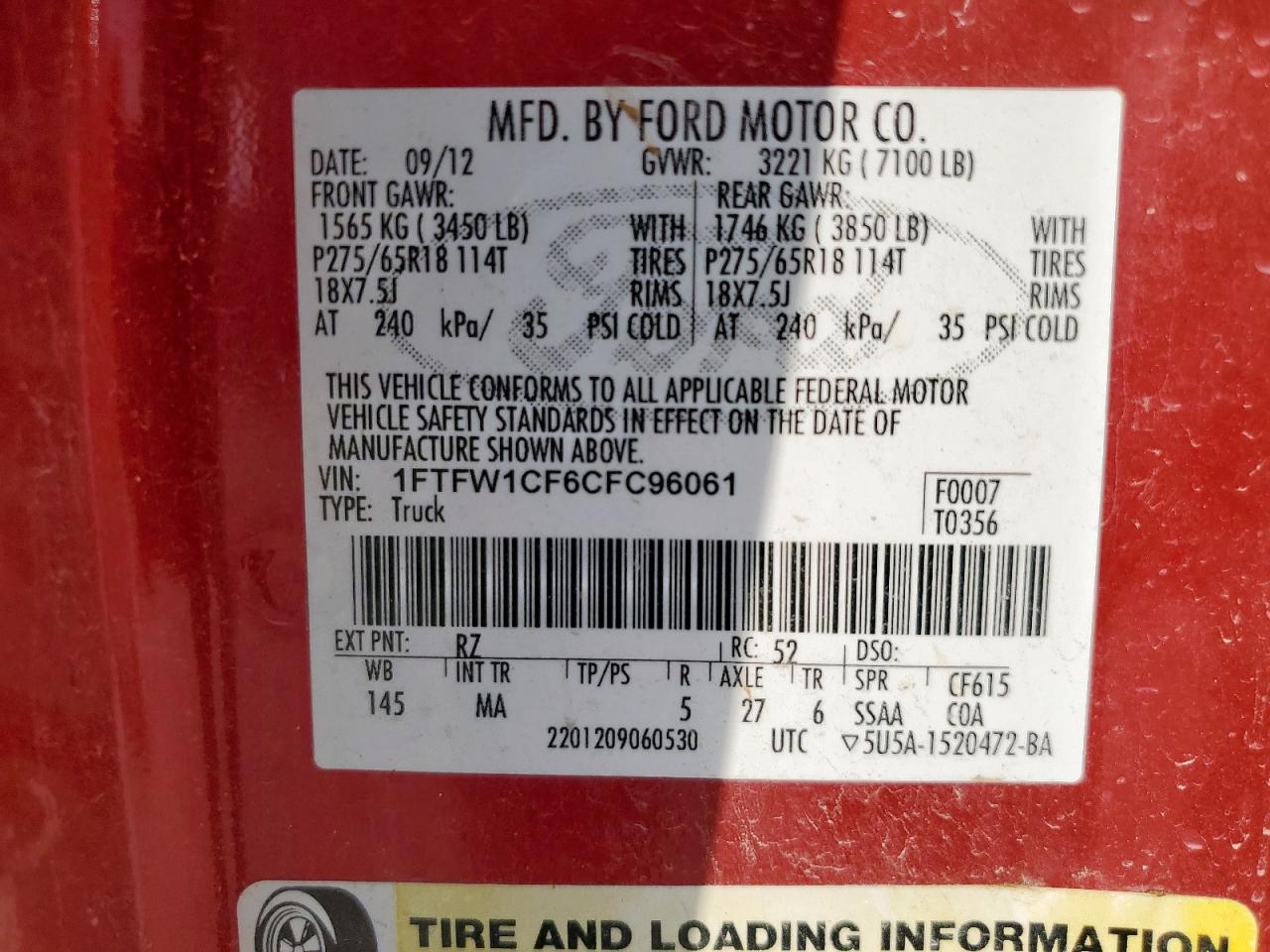 2012 Ford F150 Supercrew VIN: 1FTFW1CF6CFC96061 Lot: 81024885