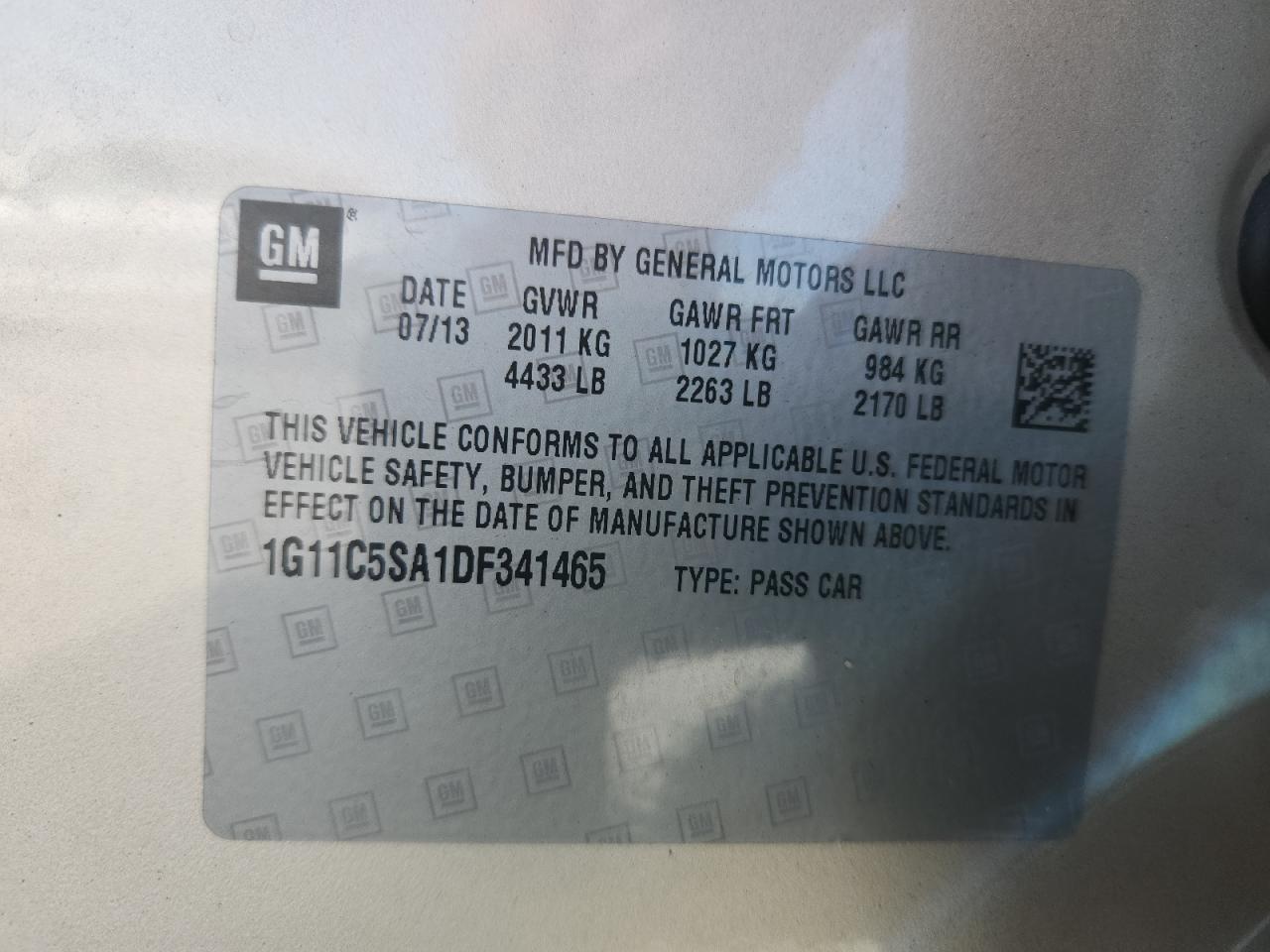 2013 Chevrolet Malibu 1Lt VIN: 1G11C5SA1DF341465 Lot: 72071455