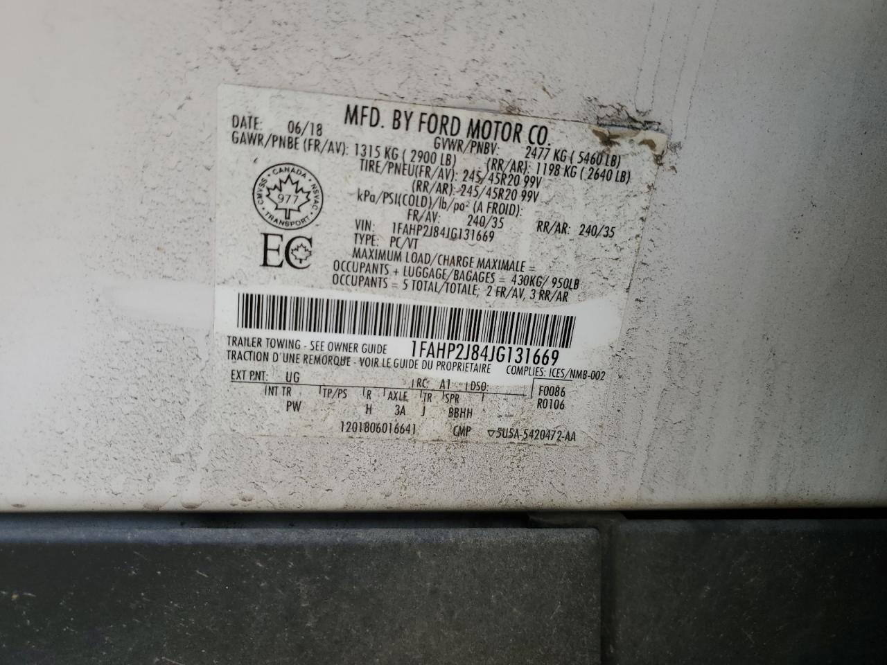 2018 Ford Taurus Limited VIN: 1FAHP2J84JG131669 Lot: 71608635