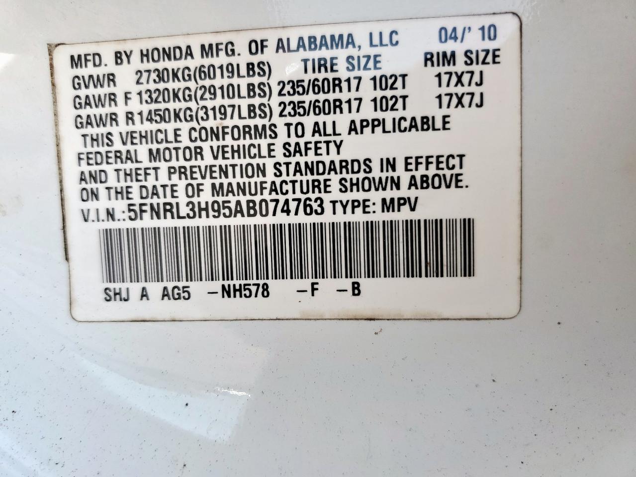 2010 Honda Odyssey Touring VIN: 5FNRL3H95AB074763 Lot: 71676915