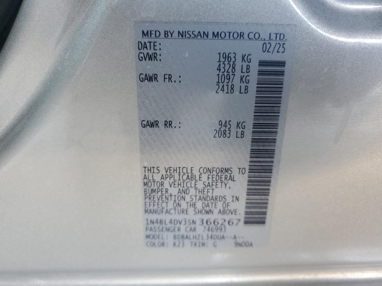 2025 Nissan Altima Sv VIN: 1N4BL4DV3SN366267 Lot: 83949025