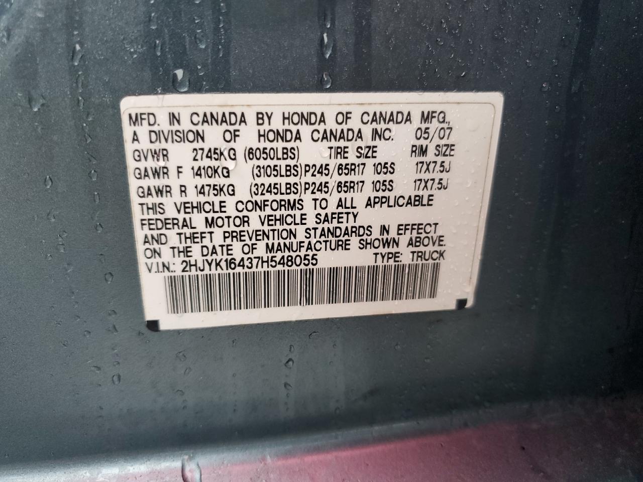 2007 Honda Ridgeline Rts VIN: 2HJYK16437H548055 Lot: 81675245