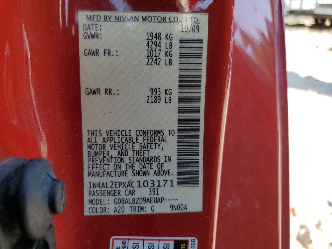 2010 Nissan Altima S VIN: 1N4AL2EPXAC103171 Lot: 83850935