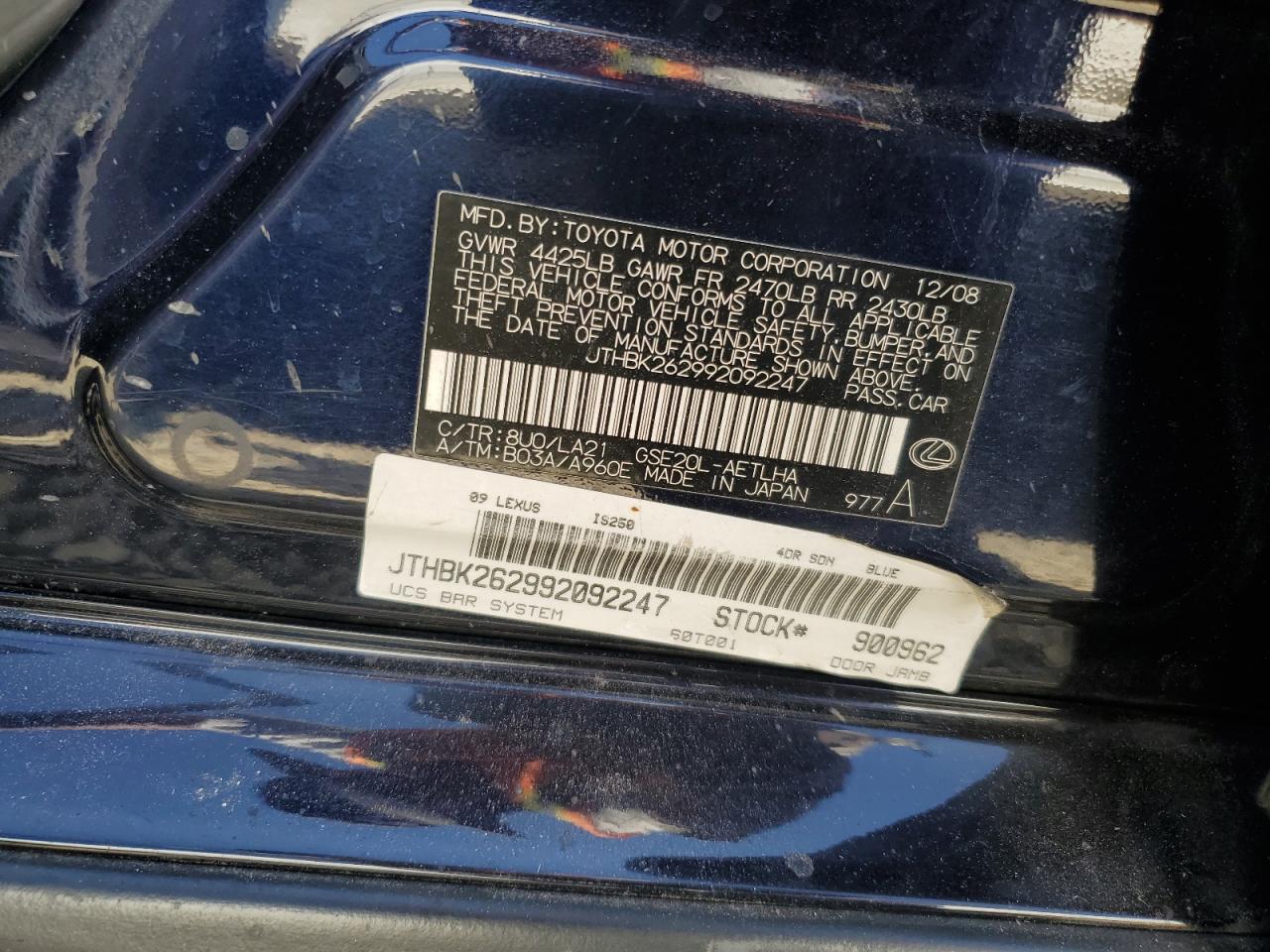 2009 Lexus Is 250 VIN: JTHBK262992092247 Lot: 92428885