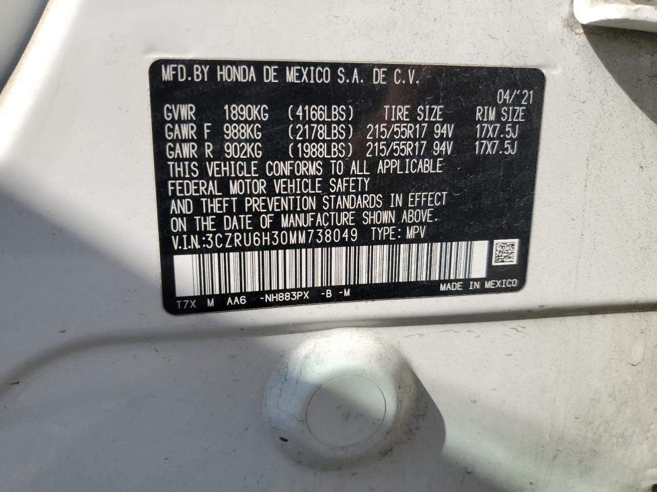 2021 Honda Hr-V Lx VIN: 3CZRU6H30MM738049 Lot: 80755815