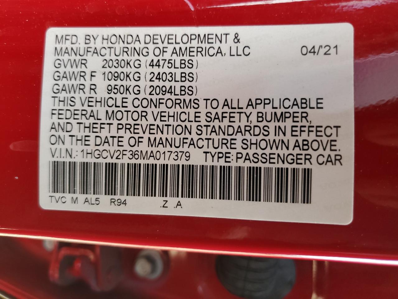 2021 Honda Accord Sport VIN: 1HGCV2F36MA017379 Lot: 84180235