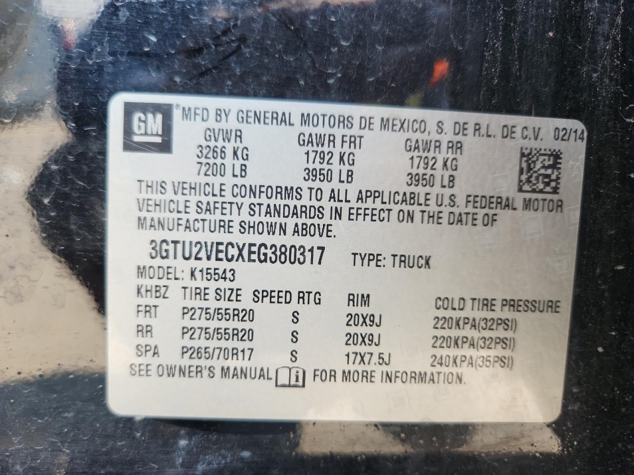 2014 GMC Sierra K1500 Slt VIN: 3GTU2VECXEG380317 Lot: 71626775