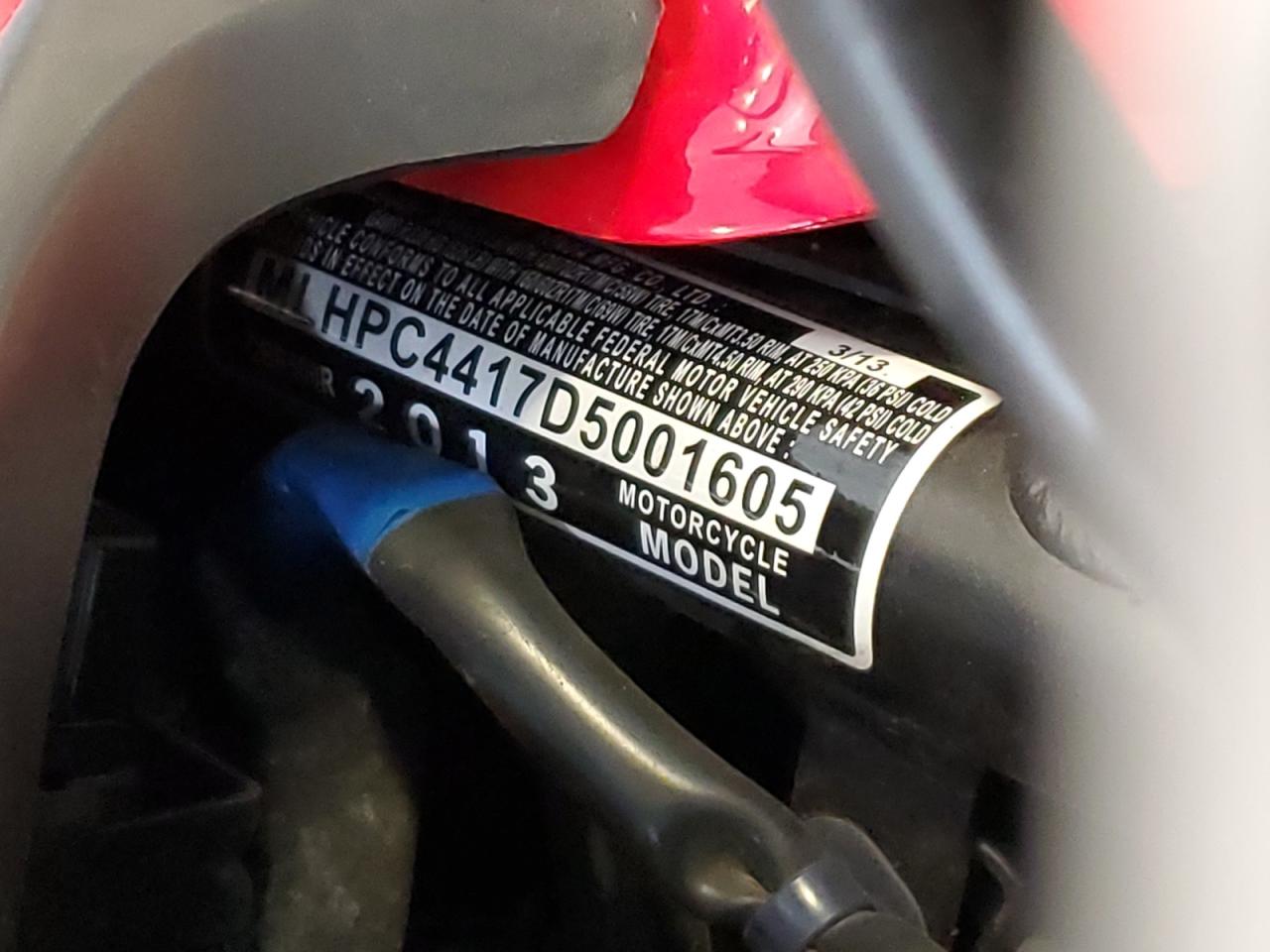 2013 Honda Cbr500 R VIN: MLHPC4417D5001605 Lot: 71882115