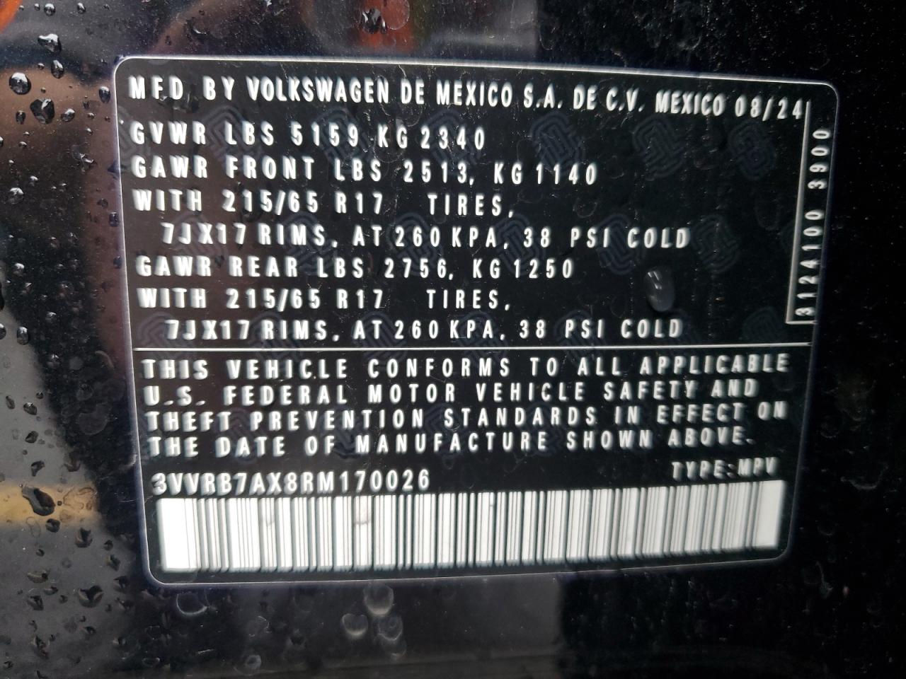 2024 Volkswagen Tiguan S VIN: 3VVRB7AX8RM170026 Lot: 81431985
