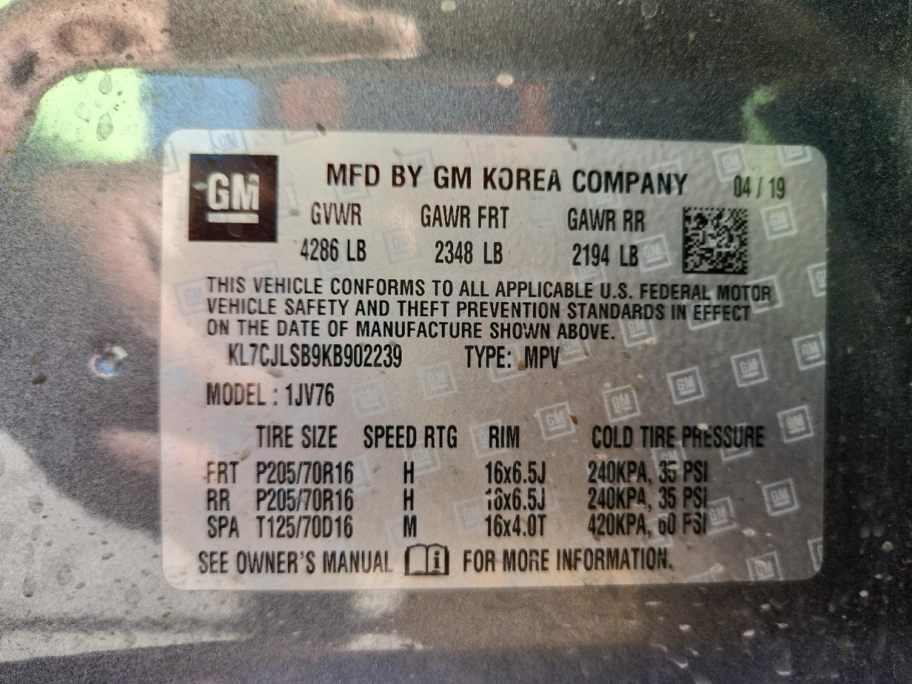 2019 Chevrolet Trax 1Lt VIN: KL7CJLSB9KB902239 Lot: 83853575