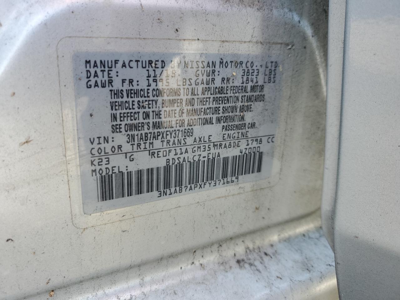 2015 Nissan Sentra S VIN: 3N1AB7APXFY371669 Lot: 71749365