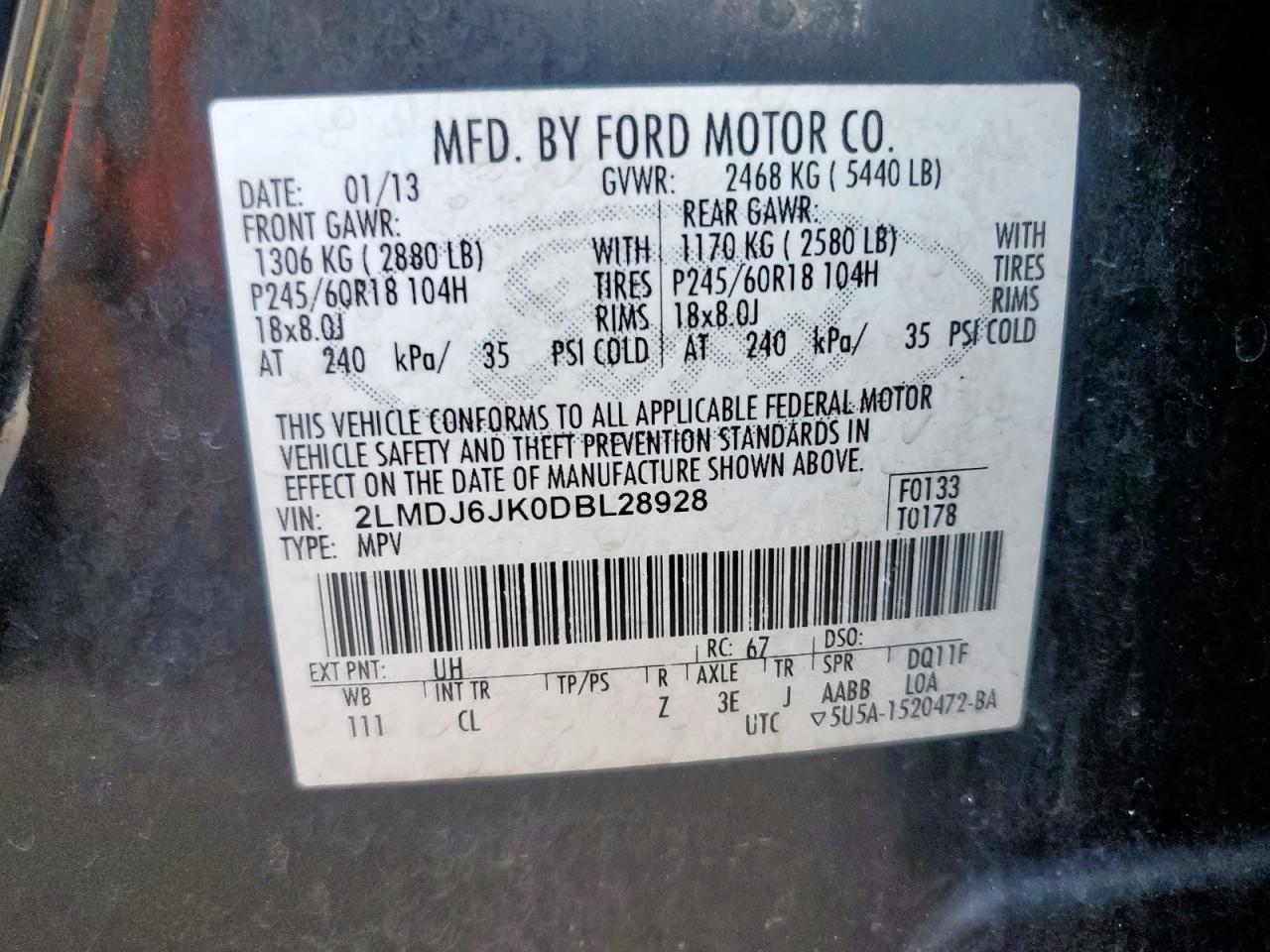 2013 Lincoln Mkx VIN: 2LMDJ6JK0DBL28928 Lot: 80353415