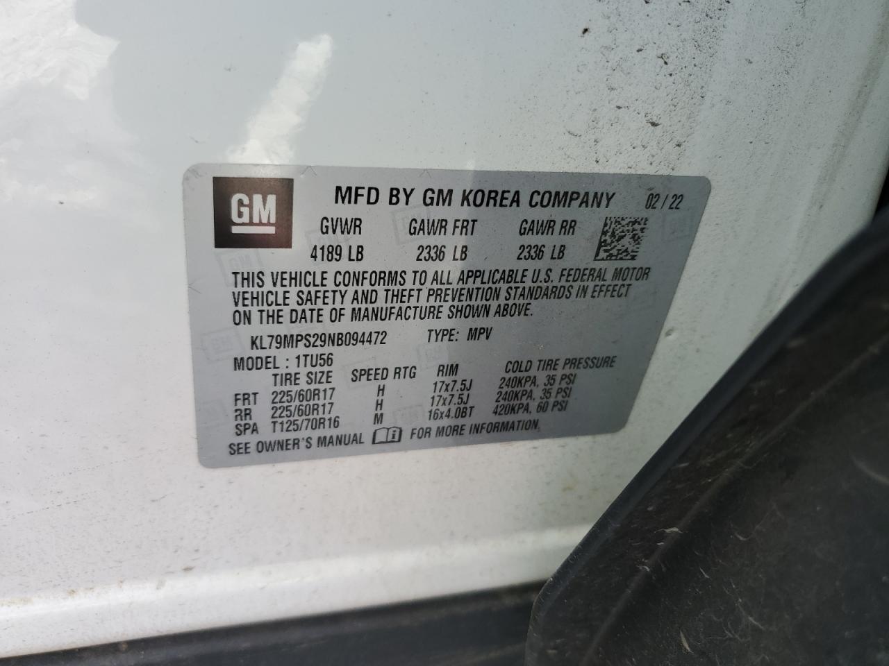 2022 Chevrolet Trailblazer Lt VIN: KL79MPS29NB094472 Lot: 82057195