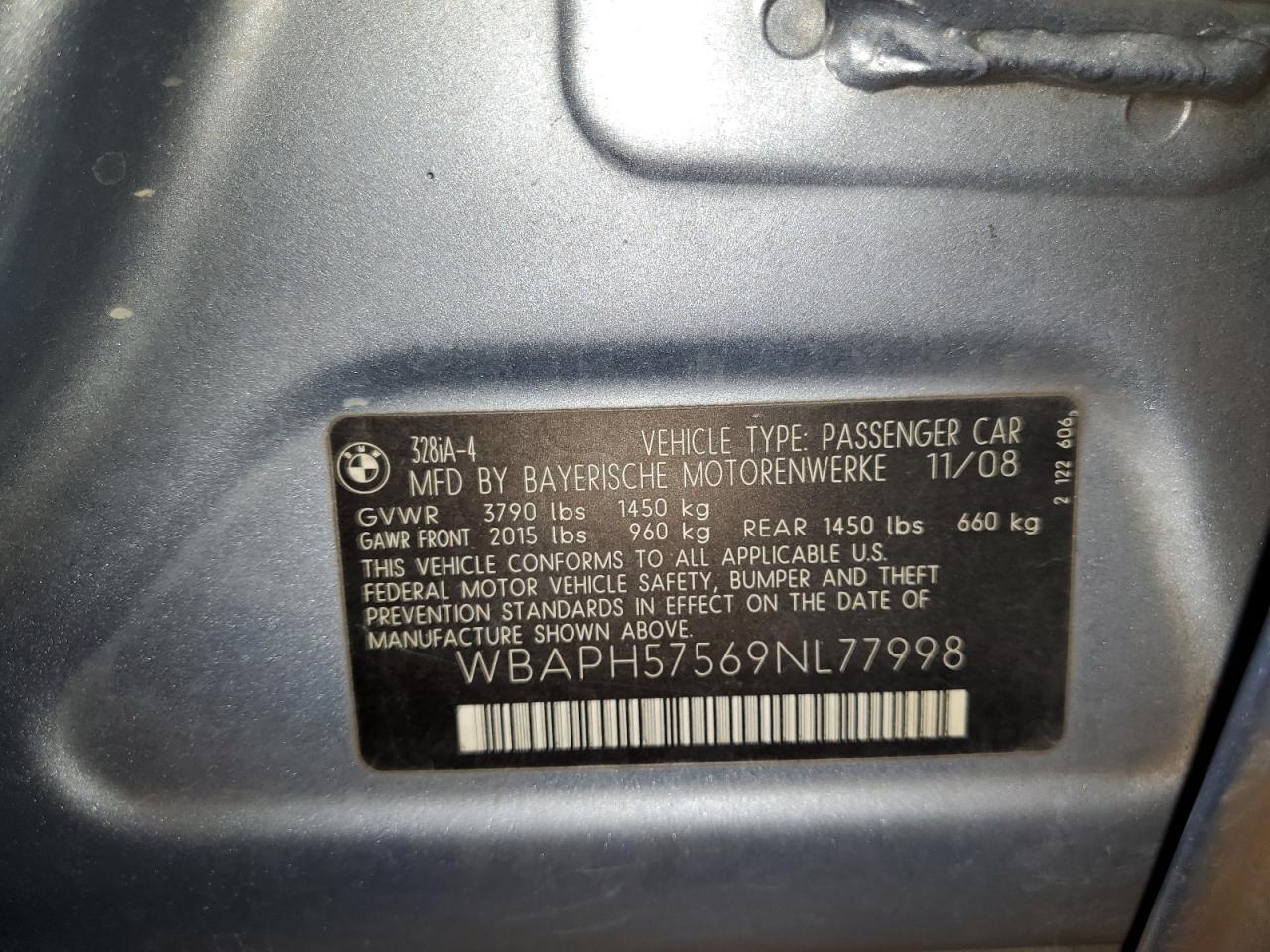2009 BMW 328 I Sulev VIN: WBAPH57569NL77998 Lot: 81102785