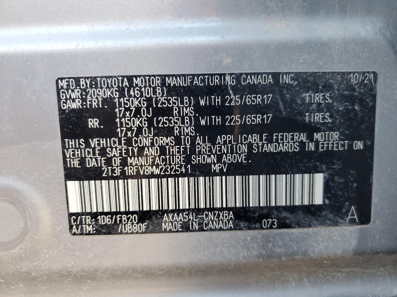 2021 Toyota Rav4 Le VIN: 2T3F1RFV8MW232541 Lot: 80571495