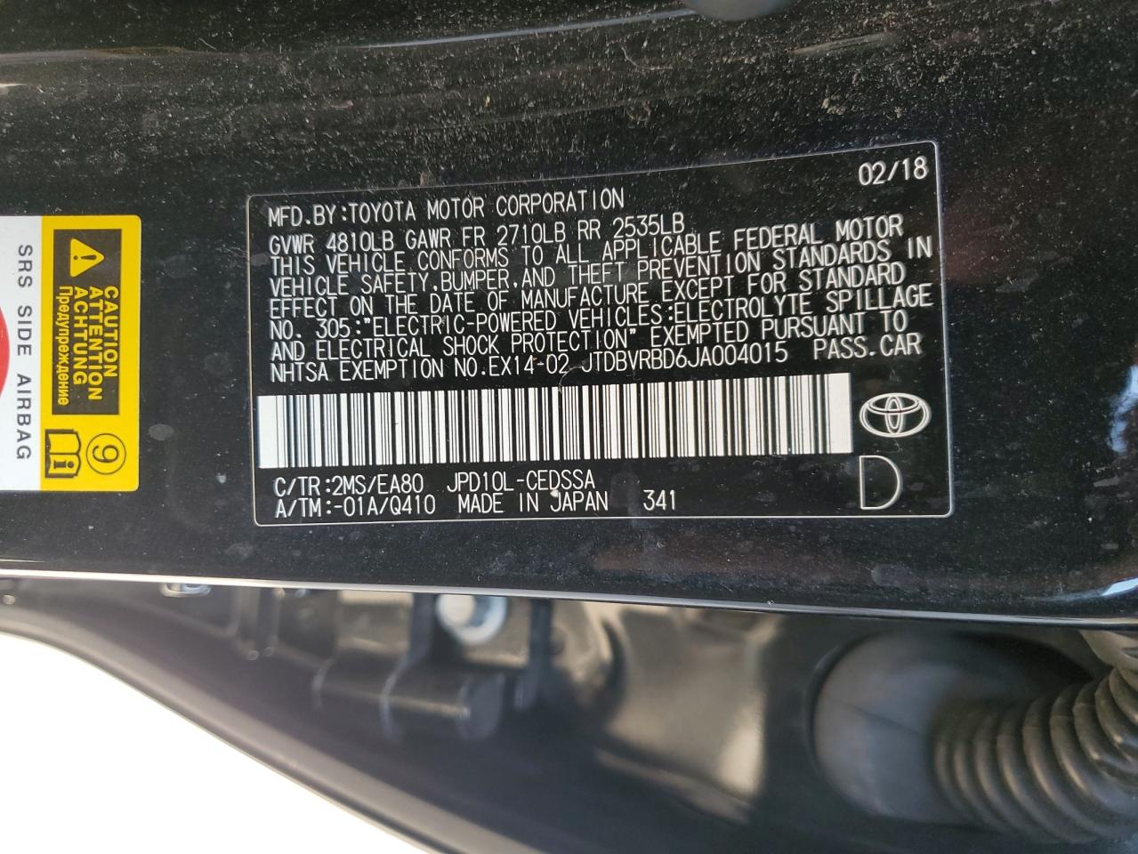 2018 Toyota Mirai VIN: JTDBVRBD6JA004015 Lot: 72076245
