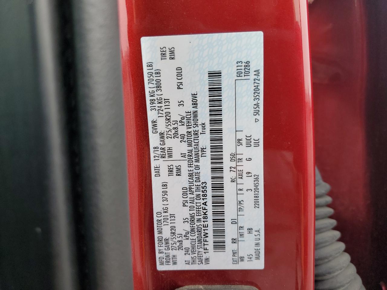 2019 Ford F150 Supercrew VIN: 1FTFW1E18KFA18553 Lot: 84227545