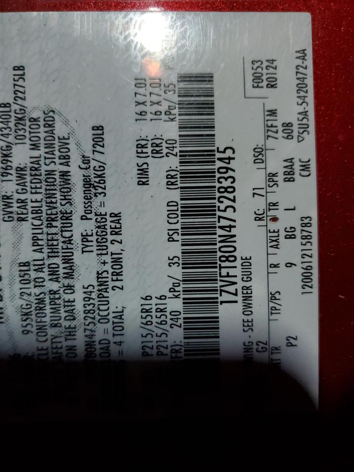 2007 Ford Mustang VIN: 1ZVFT80N475283945 Lot: 83762705