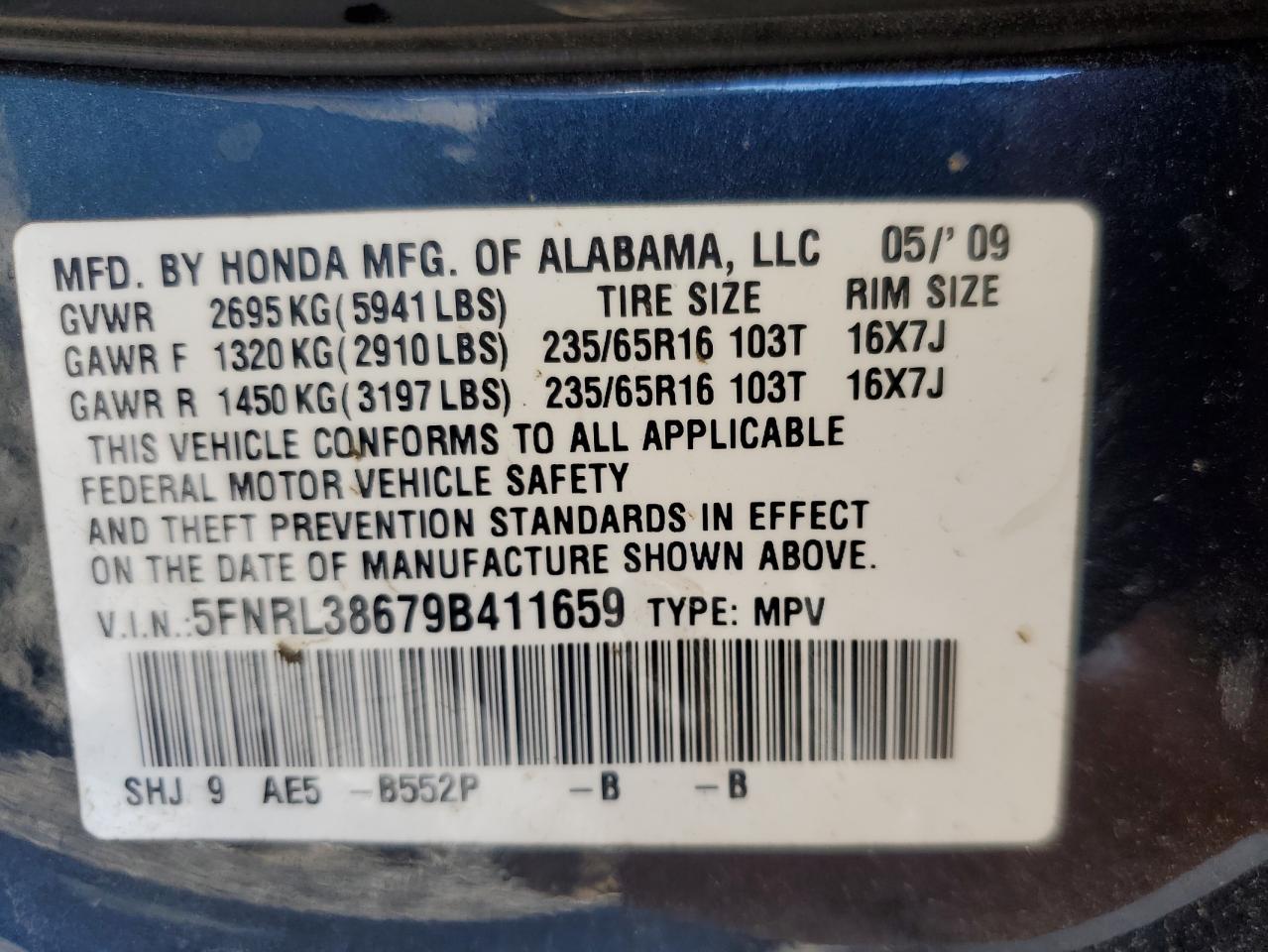 2009 Honda Odyssey Exl VIN: 5FNRL38679B411659 Lot: 81263345