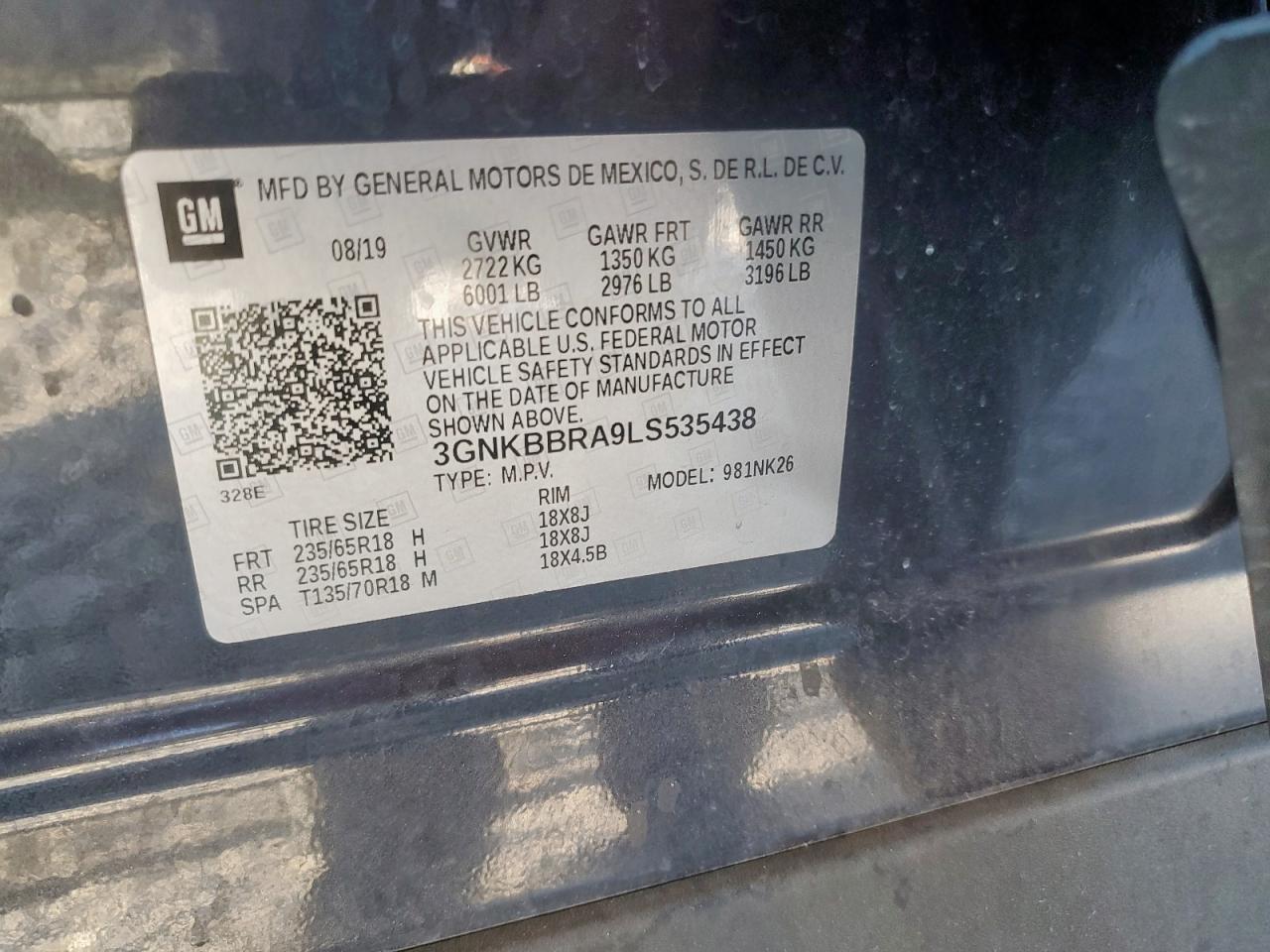 2020 Chevrolet Blazer 1Lt VIN: 3GNKBBRA9LS535438 Lot: 82162985