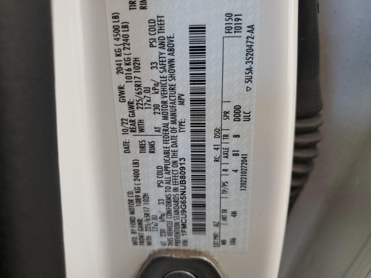 2022 Ford Escape Se VIN: 1FMCU9G65NUB80913 Lot: 80688795